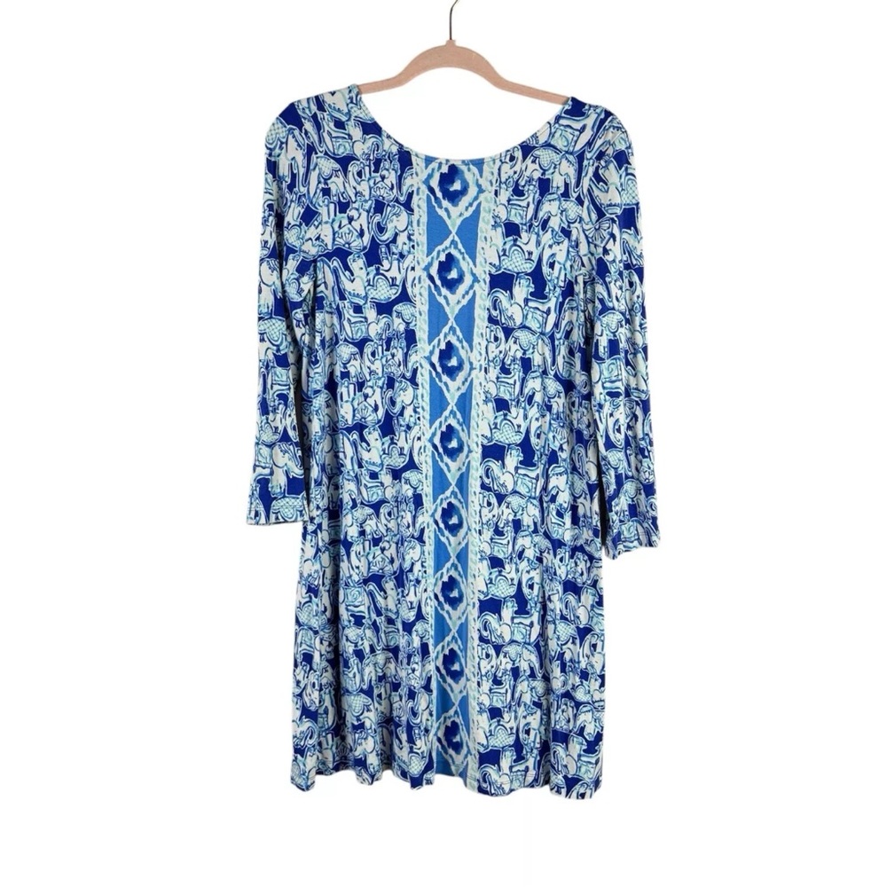 LILLY PULITZER womens M Ophelia Get Trunky blue white elephant 3/4 sleeve dress